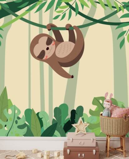 Preguiça na selva está pendurada em um galho, mural de papel de parede de floresta tropical