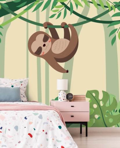 Sloth in jungle hangs on branch tropic forest wallpaper mural Sloth in jungle hangs on branch tropic forest wallpaper mural