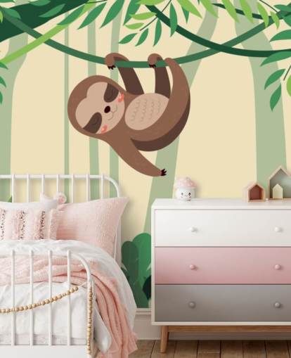 Sloth in jungle hangs on branch tropic forest wallpaper mural