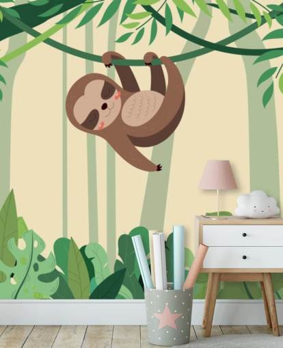 Mural de papel pintado Un perezoso en la jungla cuelga de una rama de bosque tropical