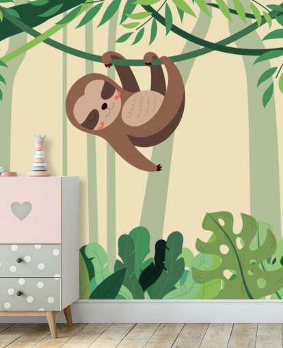 Carta da parati murale con bradipo nella giungla appeso a un ramo della foresta tropicale Carta da parati murale con bradipo nella giungla appeso a un ramo della foresta tropicale