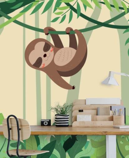 Sloth in jungle hangs on branch tropic forest wallpaper mural