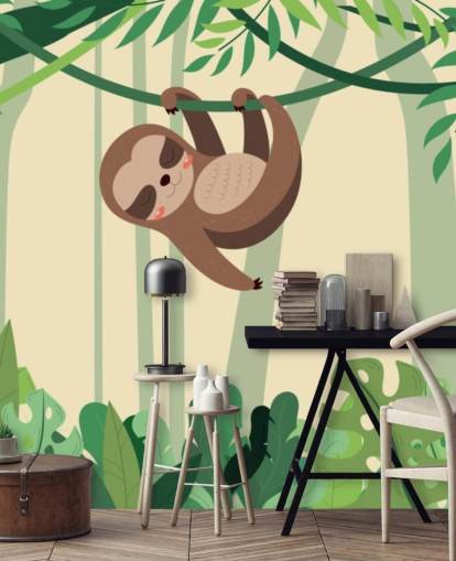 Sloth in jungle hangs on branch tropic forest wallpaper mural Sloth in jungle hangs on branch tropic forest wallpaper mural