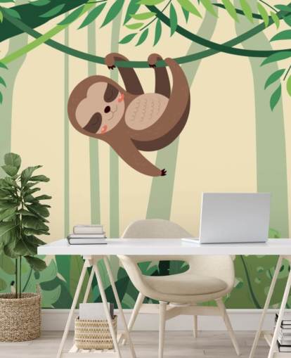 Sloth in jungle hangs on branch tropic forest wallpaper mural Sloth in jungle hangs on branch tropic forest wallpaper mural