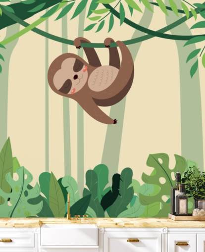 Sloth in jungle hangs on branch tropic forest wallpaper mural