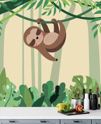 Sloth in jungle hangs on branch tropic forest wallpaper mural