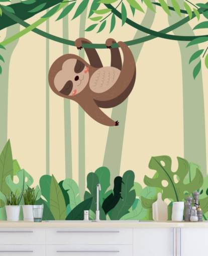 Sloth in jungle hangs on branch tropic forest wallpaper mural