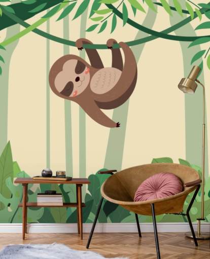 Sloth in jungle hangs on branch tropic forest wallpaper mural