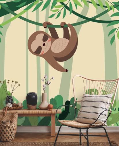 Sloth in jungle hangs on branch tropic forest wallpaper mural