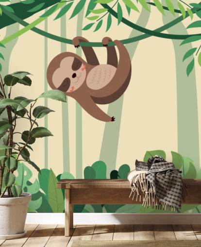 Sloth in jungle hangs on branch tropic forest wallpaper mural