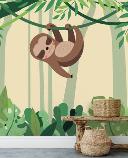 Sloth in jungle hangs on branch tropic forest wallpaper mural