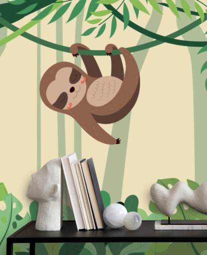 Sloth in jungle hangs on branch tropic forest wallpaper mural