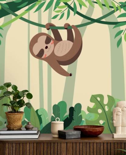 Mural de papel pintado Un perezoso en la jungla cuelga de una rama de bosque tropical Mural de papel pintado Un perezoso en la jungla cuelga de una rama de bosque tropical
