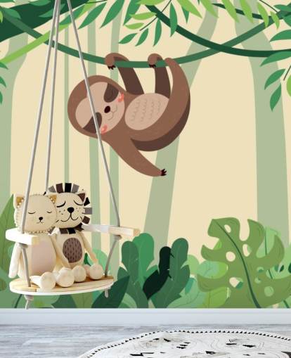 Carta da parati murale con bradipo nella giungla appeso a un ramo della foresta tropicale