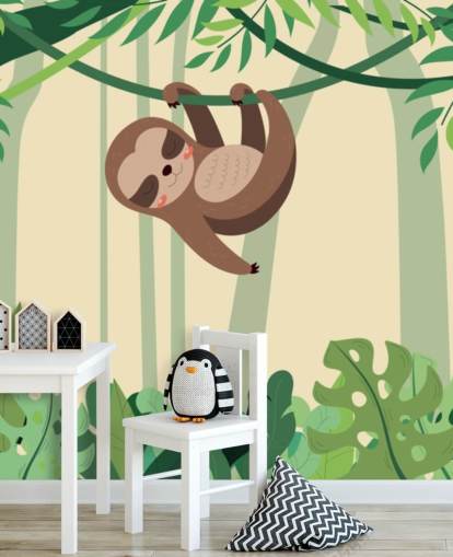 Carta da parati murale con bradipo nella giungla appeso a un ramo della foresta tropicale Carta da parati murale con bradipo nella giungla appeso a un ramo della foresta tropicale