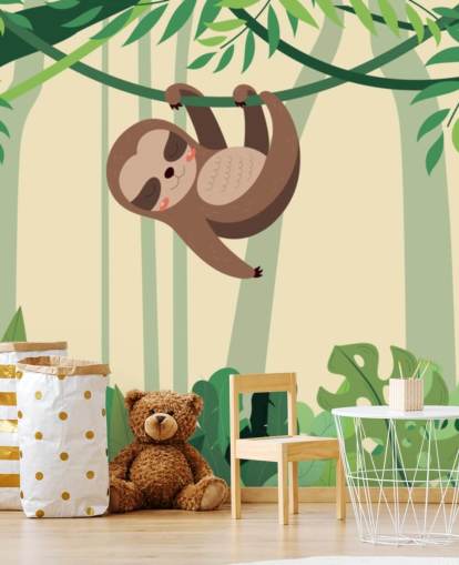 Sloth in jungle hangs on branch tropic forest wallpaper mural