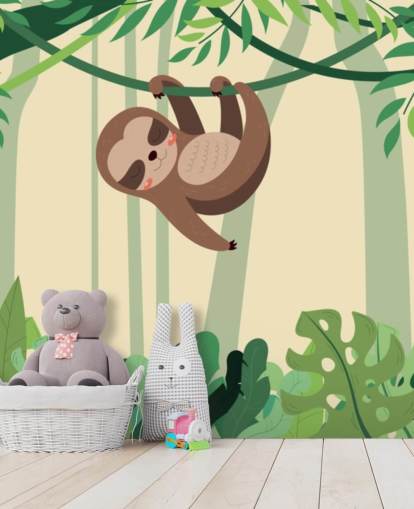 Mural de papel pintado Un perezoso en la jungla cuelga de una rama de bosque tropical