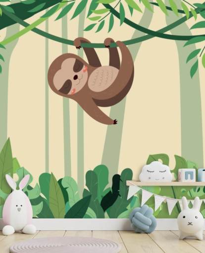 Sloth in jungle hangs on branch tropic forest wallpaper mural