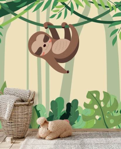 Dovendyr i jungelen henger på gren tropisk skog tapetmaleri Dovendyr i jungelen henger på gren tropisk skog tapetmaleri