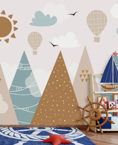 cute doodled mountains wallpaper mural in pastel colors