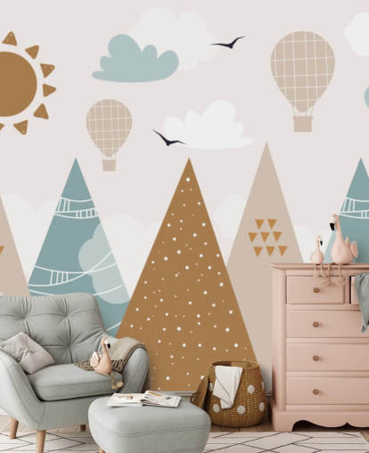 cute doodled mountains wallpaper mural in pastel colours