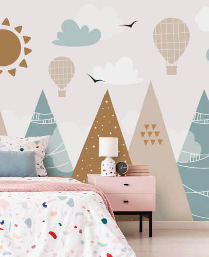 schattige getekende bergen behangmuurschildering in pastelkleuren