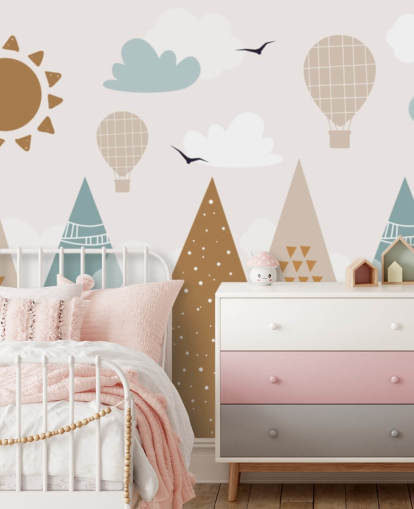 schattige getekende bergen behangmuurschildering in pastelkleuren