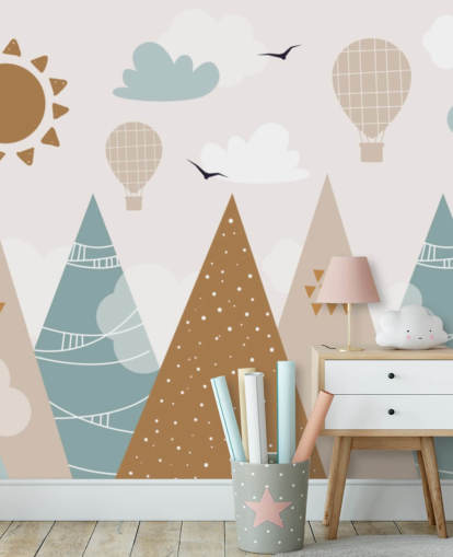 cute doodled mountains wallpaper mural in pastel colors