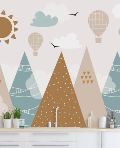 cute doodled mountains wallpaper mural in pastel colors