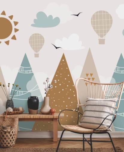 cute doodled mountains wallpaper mural in pastel colors