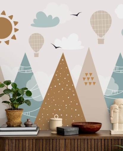 cute doodled mountains wallpaper mural in pastel colors