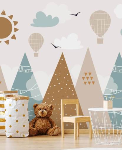 cute doodled mountains wallpaper mural in pastel colors