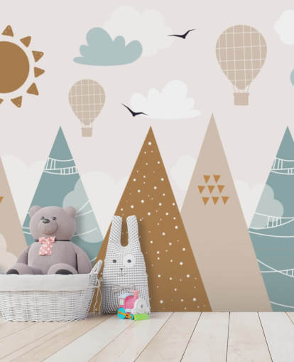 cute doodled mountains wallpaper mural in pastel colours