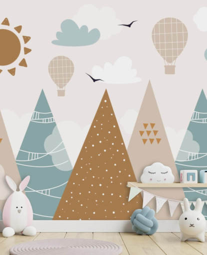 mural de papel de parede fofo de montanhas rabiscadas em tons pastel