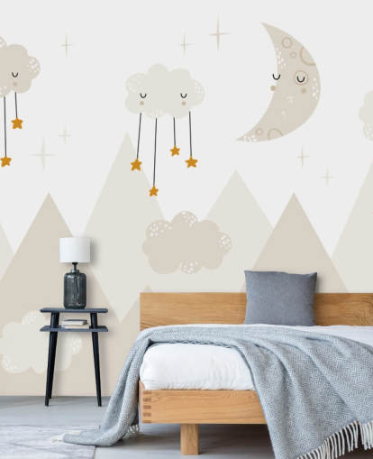 étoiles pleuvant des nuages, joli papier peint mural avec des montagnes, style scandinave