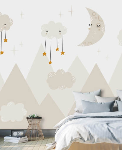 stars raining from clouds cute wallpaper mural with mountains Scandi style
