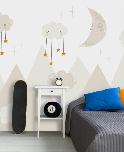 estrelas chovendo das nuvens lindo mural de papel de parede com montanhas em estilo Scandi estrelas chovendo das nuvens lindo mural de papel de parede com montanhas em estilo Scandi