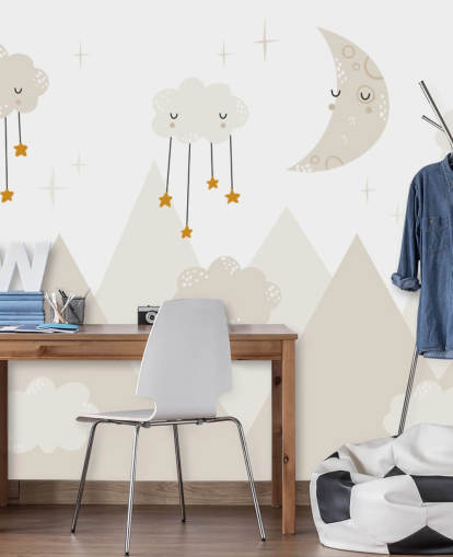 bonito mural de papel pintado de estrellas que llueven de las nubes con montañas de estilo escandinavo