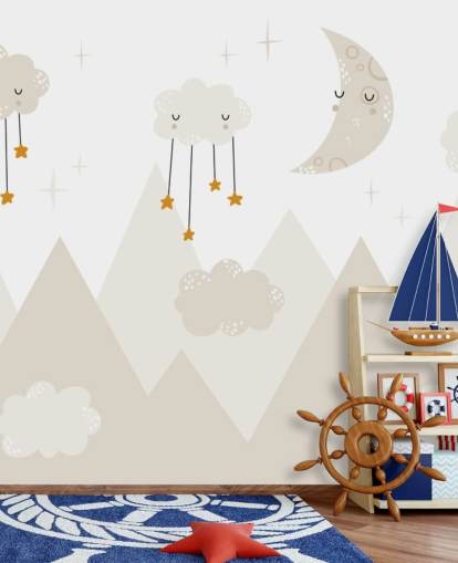 stars raining from clouds cute wallpaper mural with mountains Scandi style stars raining from clouds cute wallpaper mural with mountains Scandi style