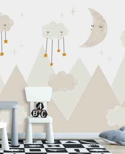 stars raining from clouds cute wallpaper mural with mountains Scandi style 