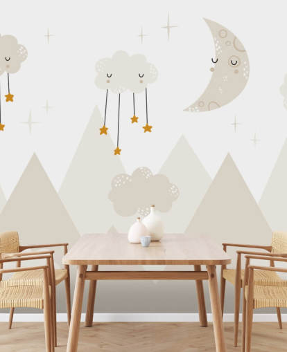estrelas chovendo das nuvens lindo mural de papel de parede com montanhas em estilo Scandi estrelas chovendo das nuvens lindo mural de papel de parede com montanhas em estilo Scandi