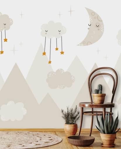 bonito mural de papel pintado de estrellas que llueven de las nubes con montañas de estilo escandinavo