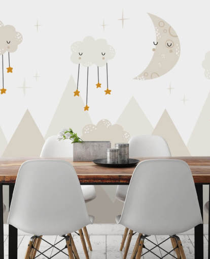 stars raining from clouds cute wallpaper mural with mountains Scandi style