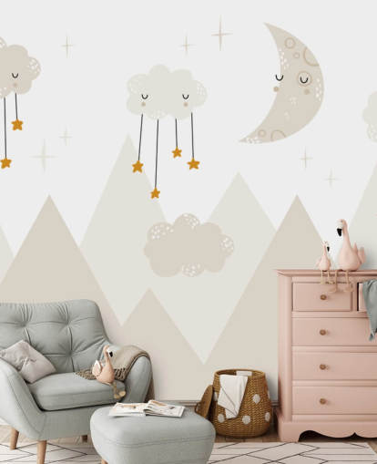 estrelas chovendo das nuvens lindo mural de papel de parede com montanhas em estilo Scandi