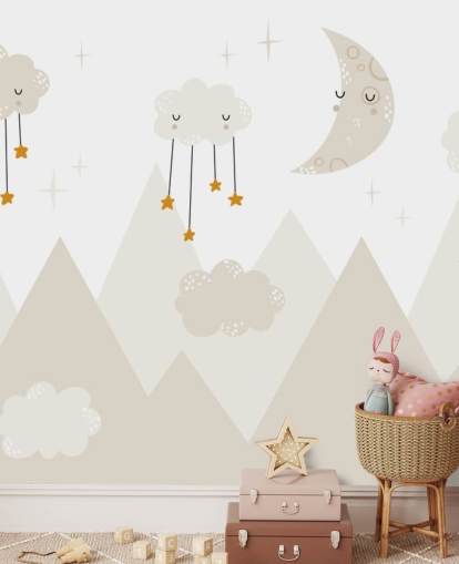 stars raining from clouds cute wallpaper mural with mountains Scandi