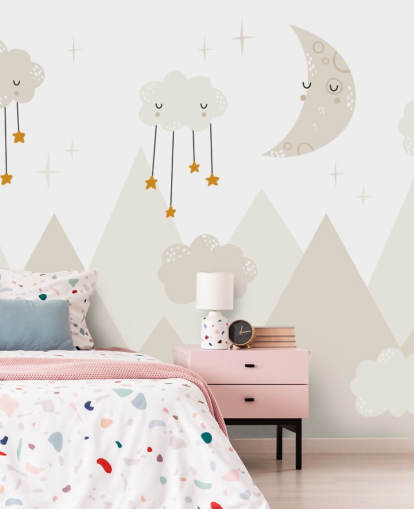 stars raining from clouds cute wallpaper mural with mountains Scandi style stars raining from clouds cute wallpaper mural with mountains Scandi style