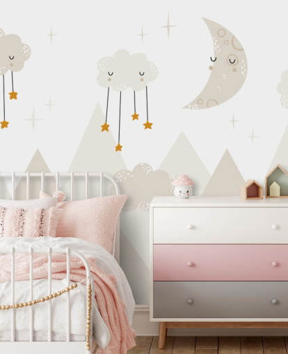 stars raining from clouds cute wallpaper mural with mountains Scandi style 