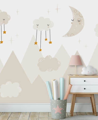 stars raining from clouds cute wallpaper mural with mountains Scandi style