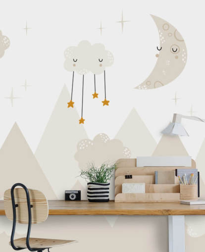 stars raining from clouds cute wallpaper mural with mountains Scandi style stars raining from clouds cute wallpaper mural with mountains Scandi style