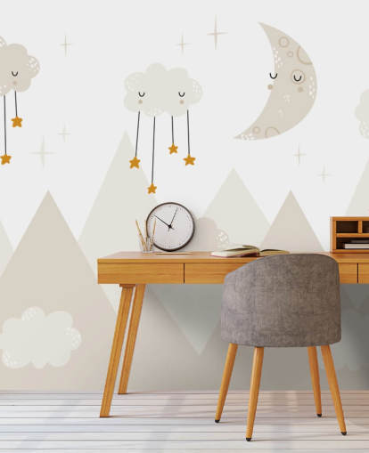 estrelas chovendo das nuvens lindo mural de papel de parede com montanhas em estilo Scandi estrelas chovendo das nuvens lindo mural de papel de parede com montanhas em estilo Scandi